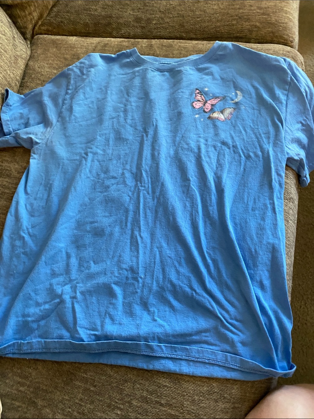 Rebellious One Blue Tee with Pink Butterfly Graphic